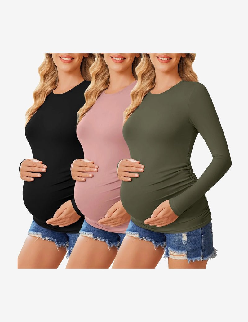 3er-Pack Umstands-Shirts langarm, Schwarz/Rosé/Hellgrün, figurbetont