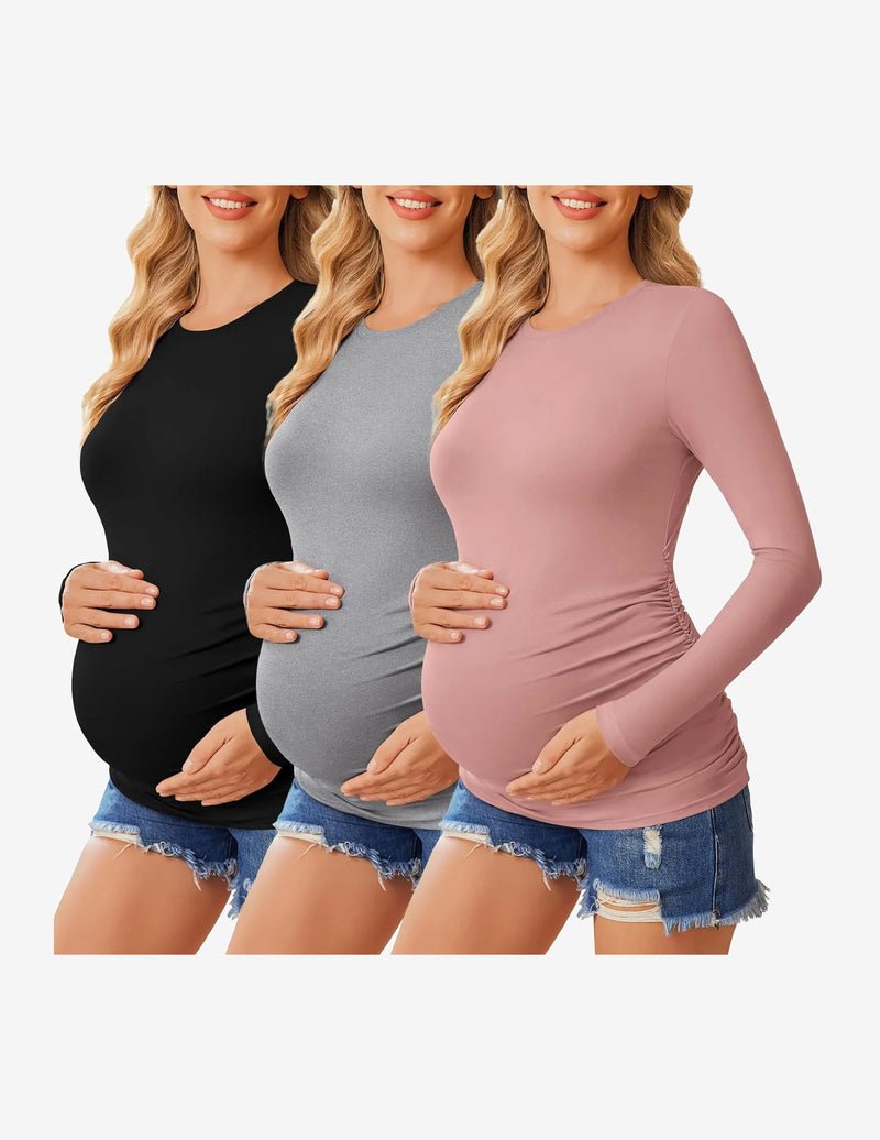 3-pack long sleeve maternity shirts: black, heather gray, and dusty pink with ruching
