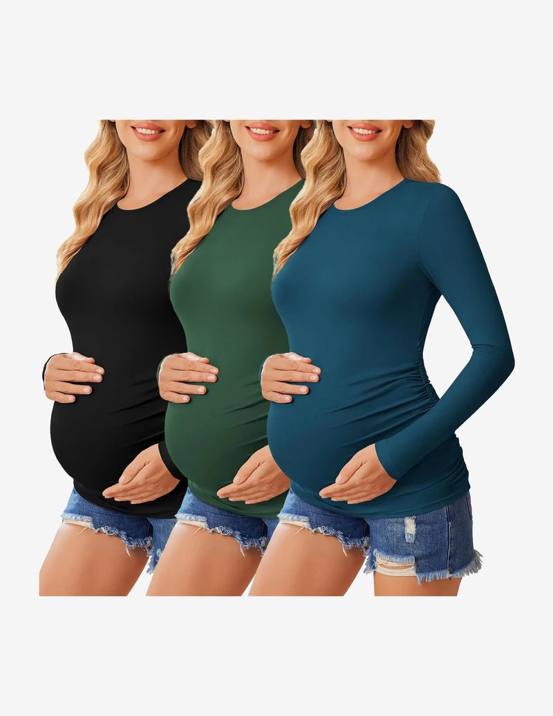 3-pack maternity long sleeve tees: black, green, blue, ruched side detail at waist