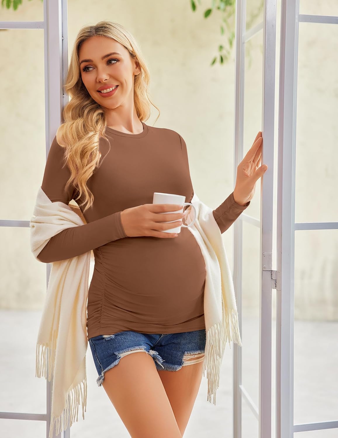 Maternity long sleeve tee in brown/taupe, crew neck, fitted ruched belly
