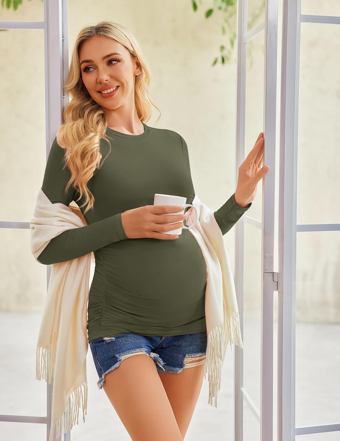 Maternity long sleeve tee in olive green, crew neck, fitted ruched belly
