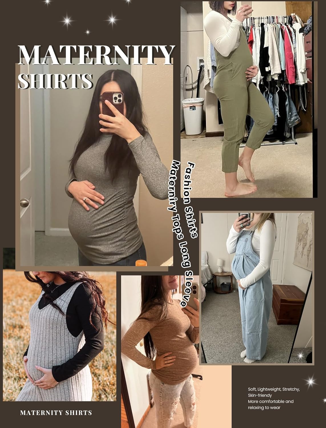 Maternity long sleeve tee, medium gray with crew neck and side ruching