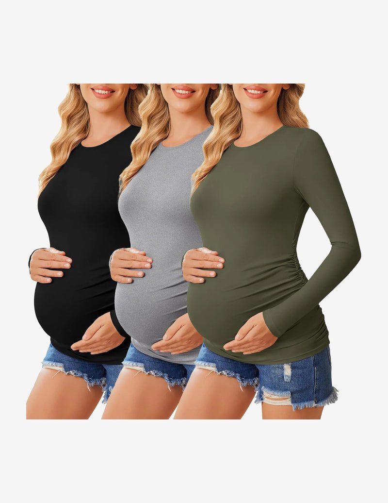 3er-Pack Umstands-Shirts langarm, Schwarz/Hellgrau/Dunkeloliv, figurbetont