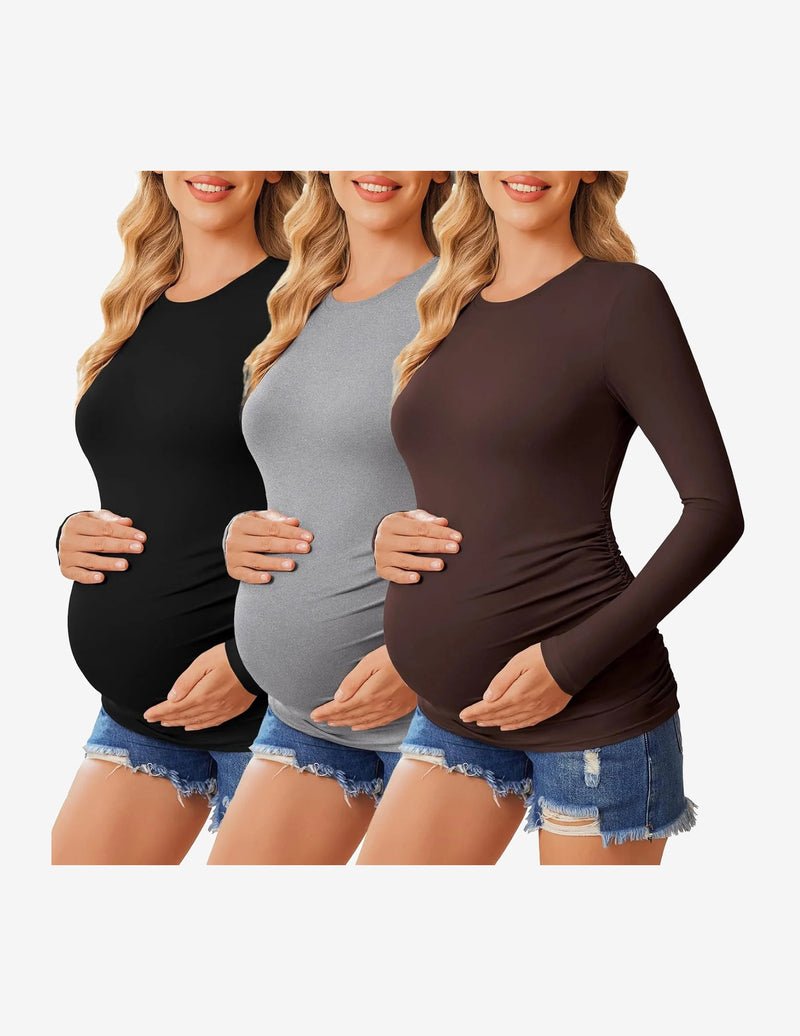 3-pack long sleeve maternity shirts: black, heather gray, and dark brown ruching