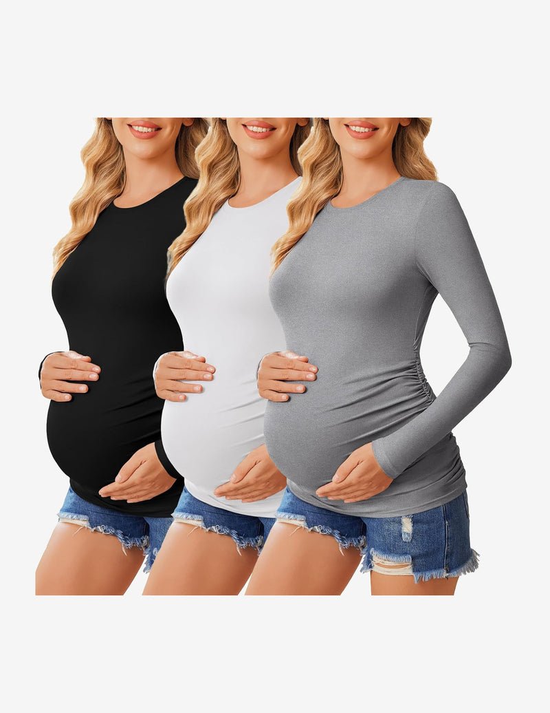 3-pack long sleeve maternity shirts: black, white, and heather gray with ruching