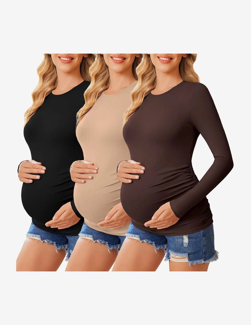 3er-Pack Umstands-Shirts langarm, Schwarz/Beige/Hellbraun, figurbetont