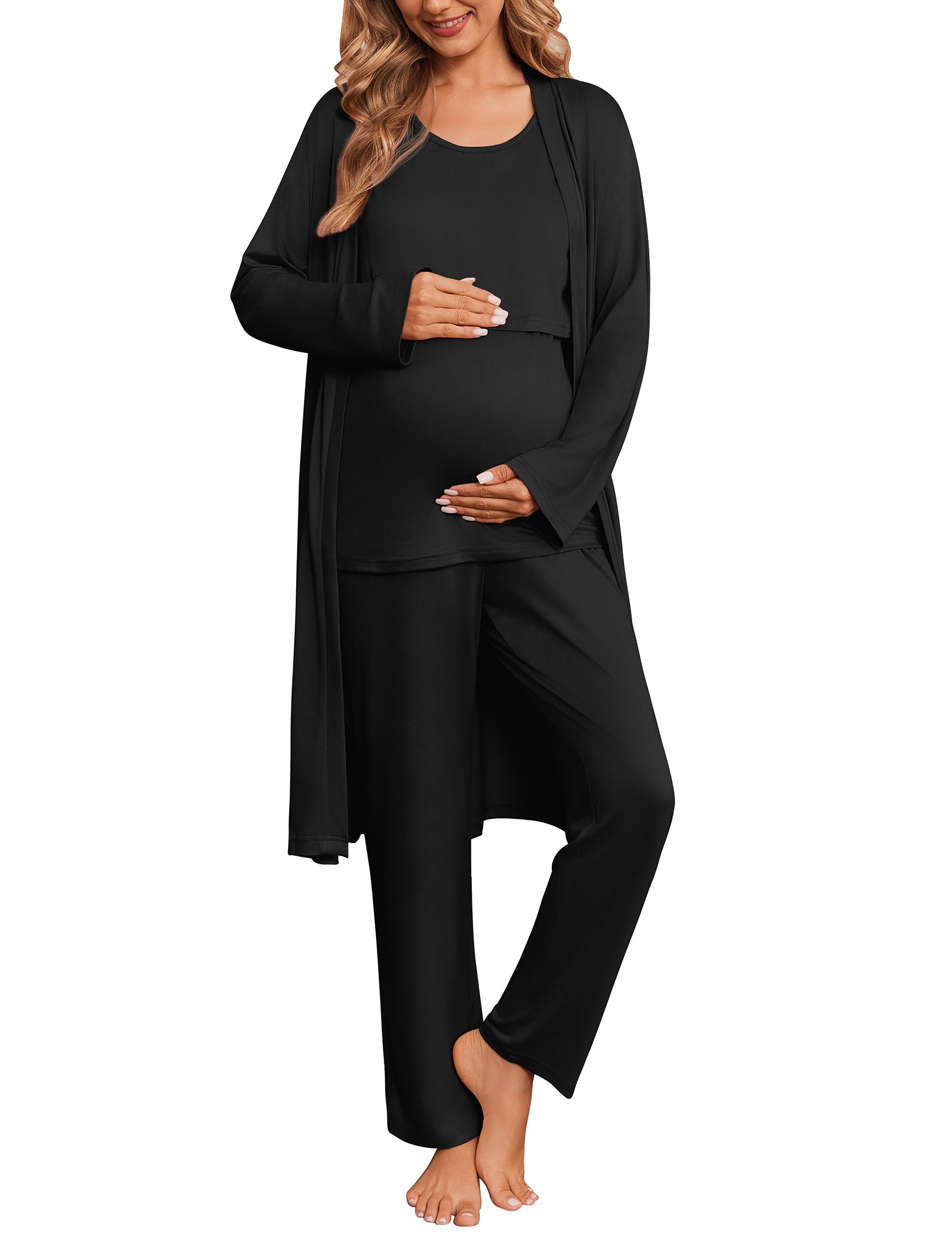 Black maternity nursing pajama set with robe, nursing tank top, and pants