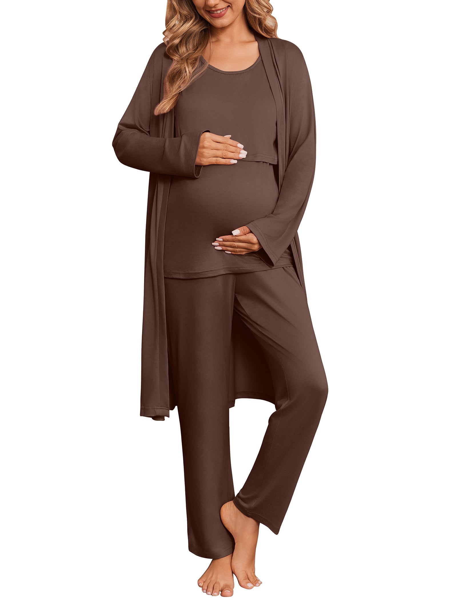 Coffee brown maternity nursing pajama set with robe, nursing tank top, and pants