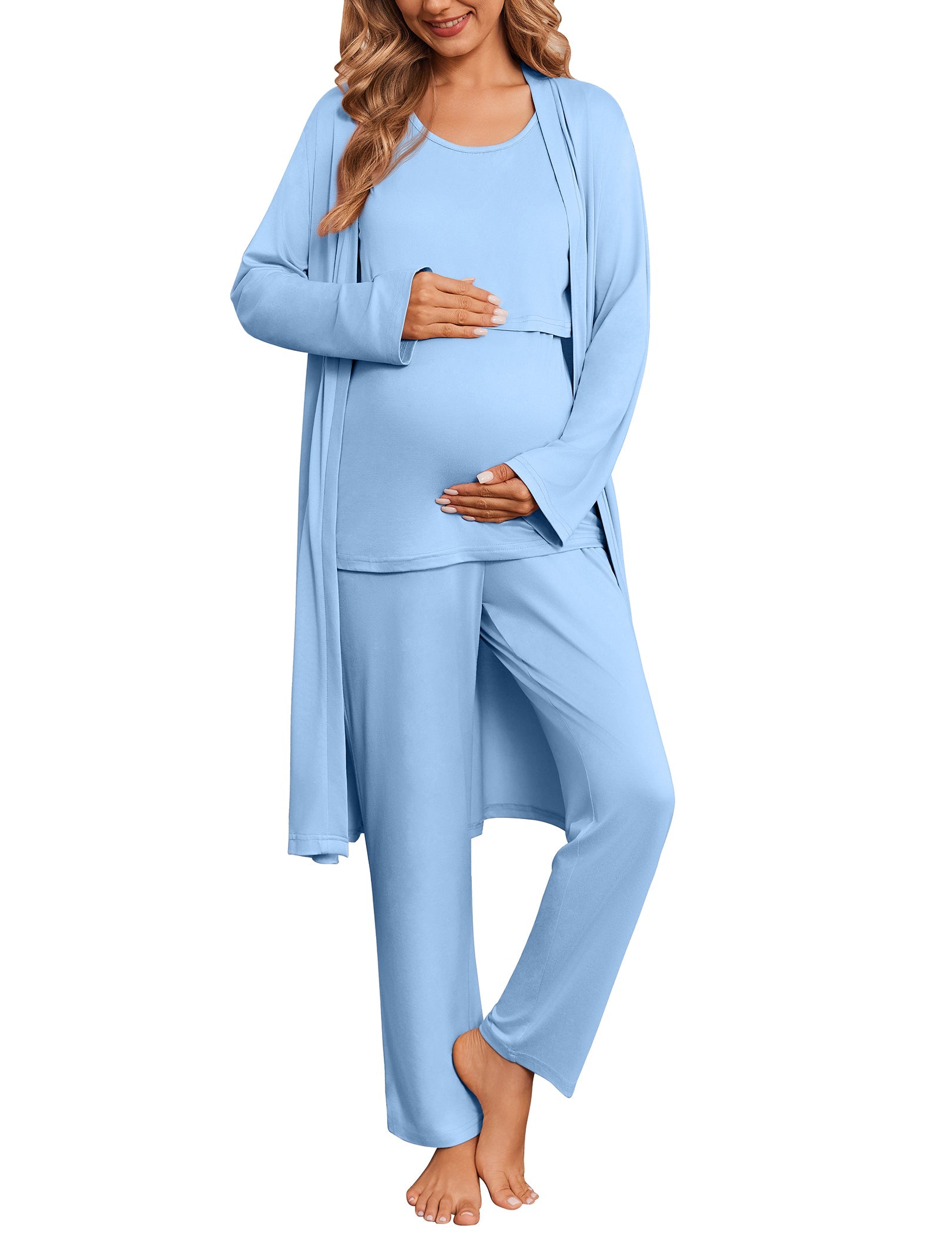 Light blue maternity nursing pajama set with robe, nursing tank top, and pants
