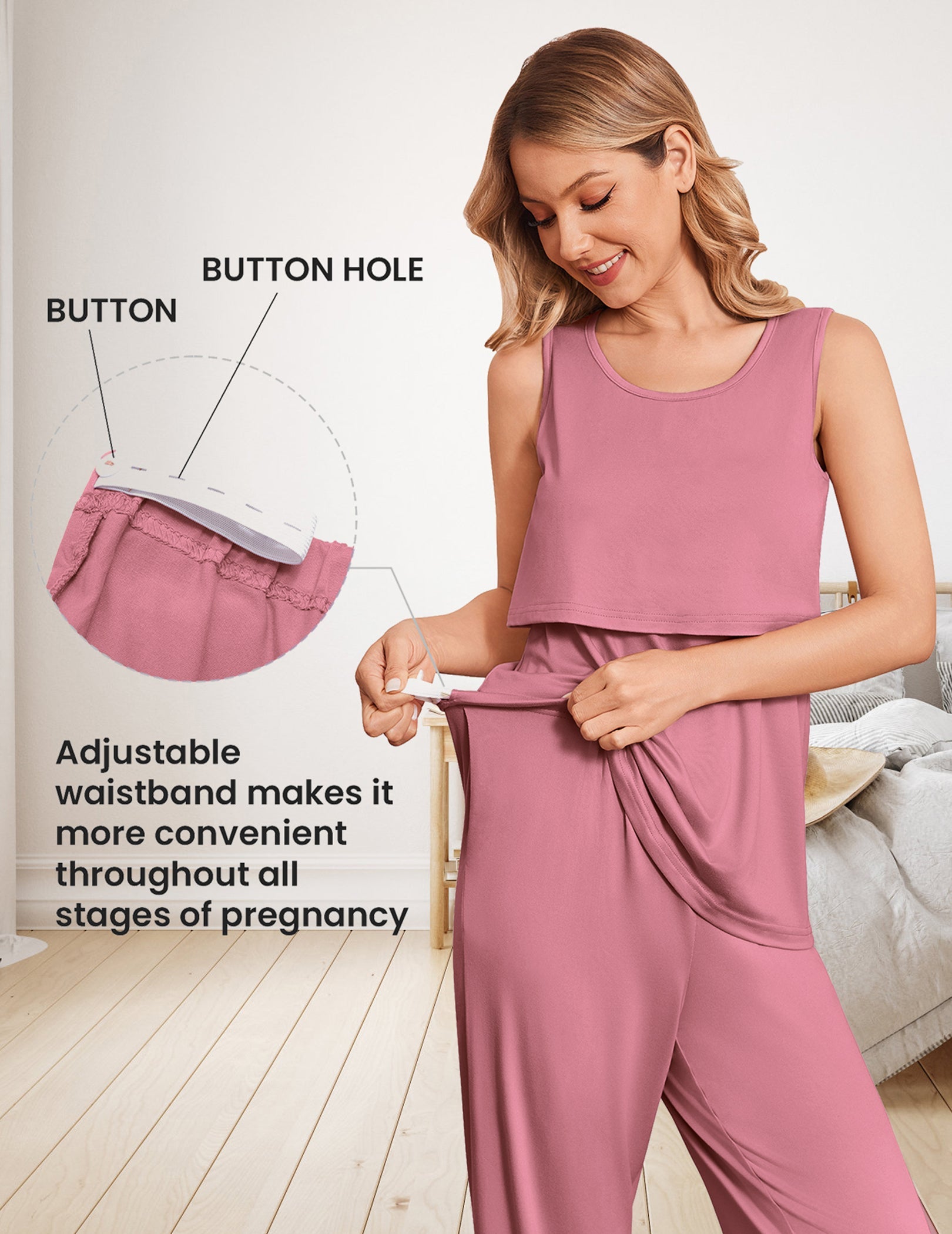 Dusty pink nursing pajama set with sleeveless tank and matching straight-leg pants
