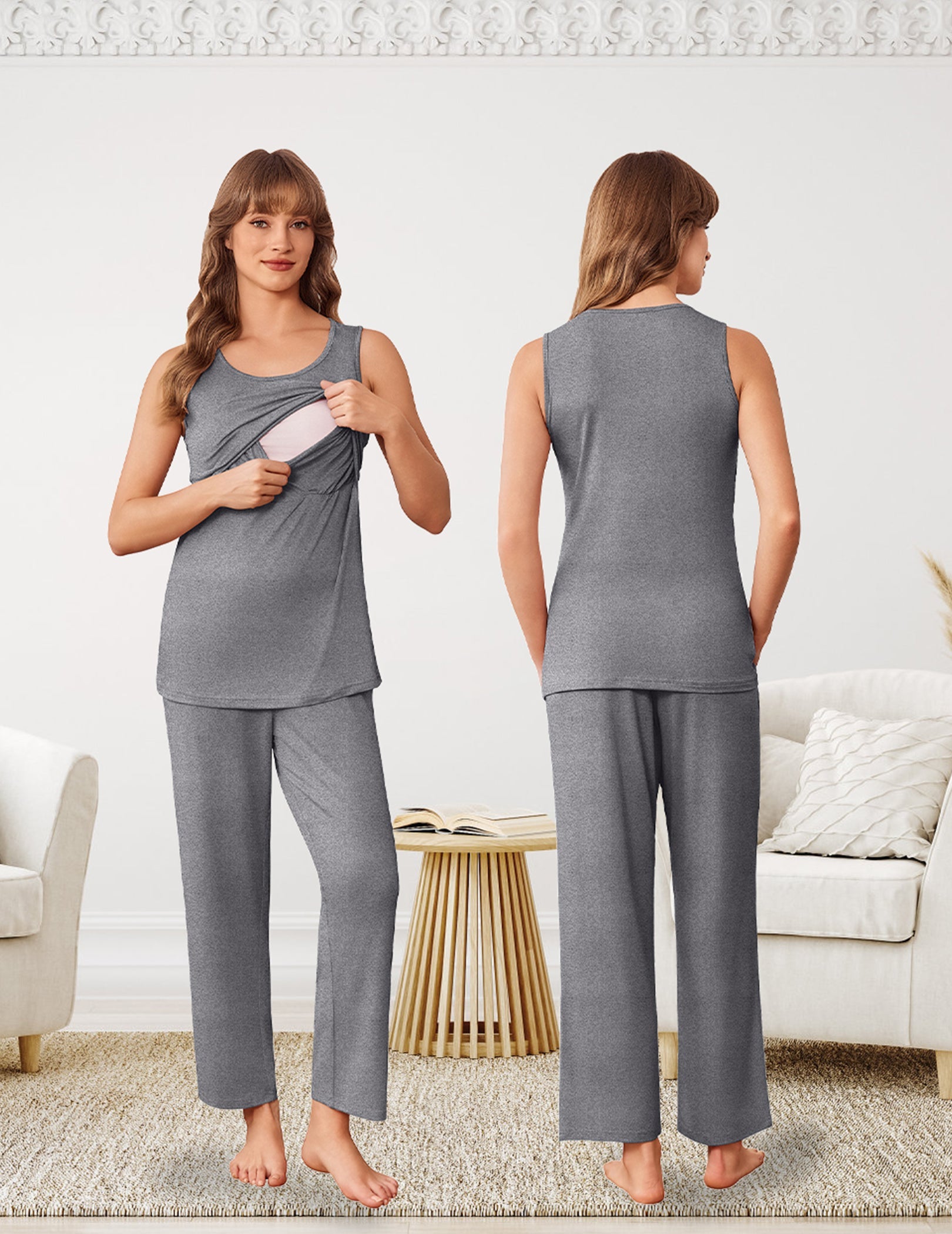 Dark gray nursing pajama set with sleeveless nursing tank and matching straight-leg pants