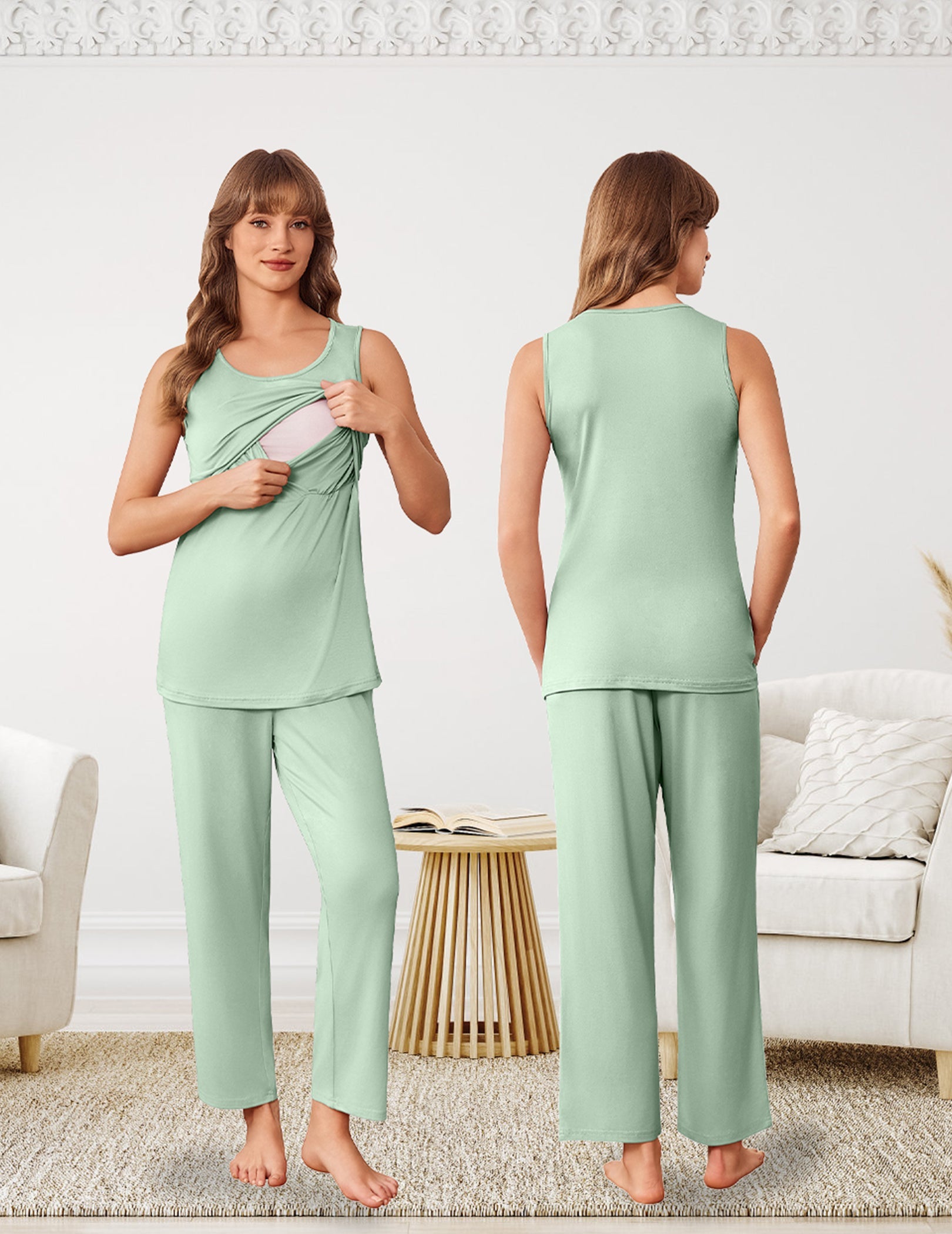 Light green nursing pajama set with sleeveless tank and matching straight-leg pants