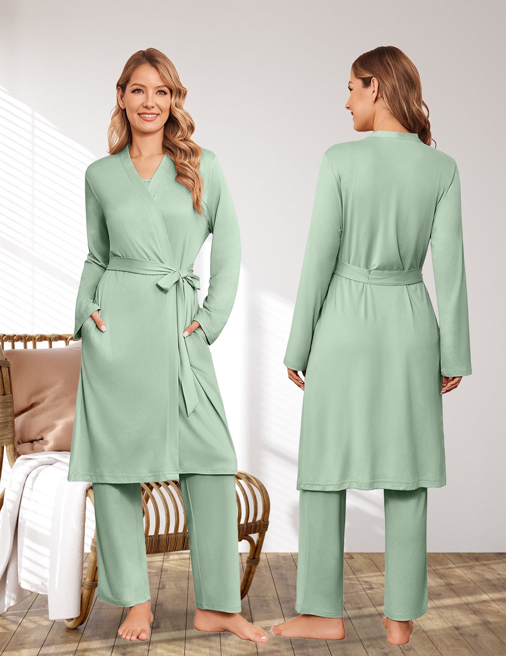 Light green nursing pajama set with long robe, V-neck, tie waist, and matching pants