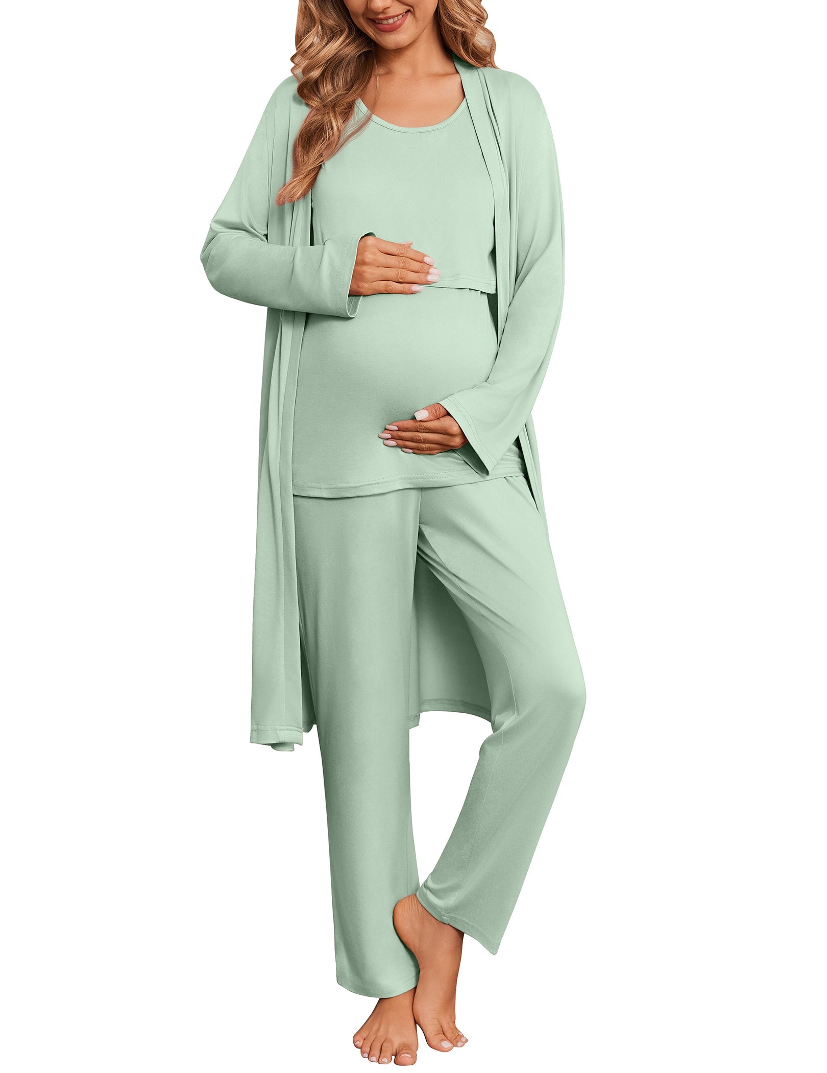 Light green maternity nursing pajama set with robe, nursing tank top, and pants