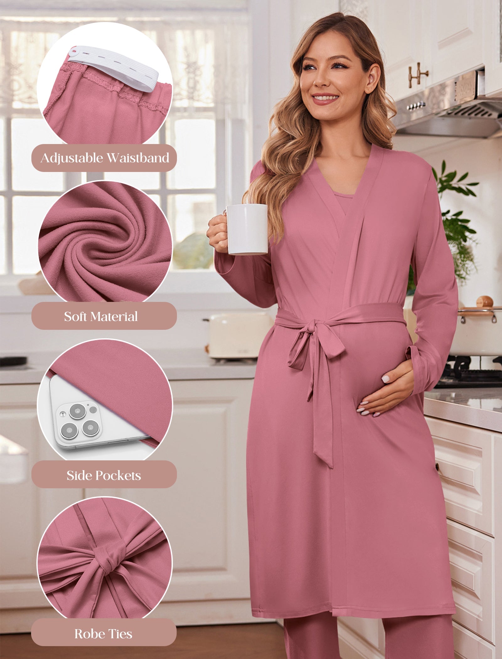 Dusty pink nursing robe with tie waist and side pockets, paired with matching pants