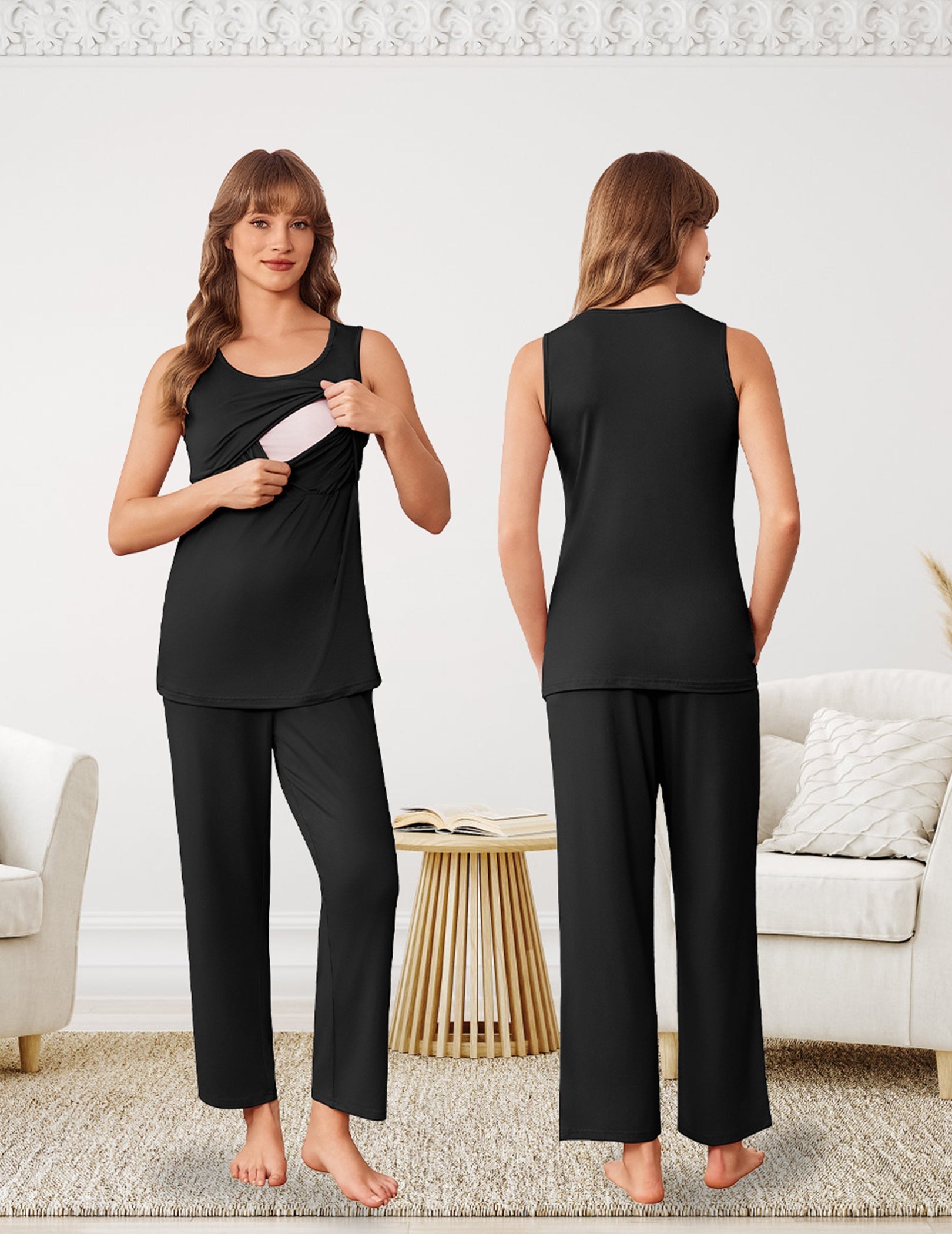 Black nursing tank top and long pajama pants, maternity sleepwear set