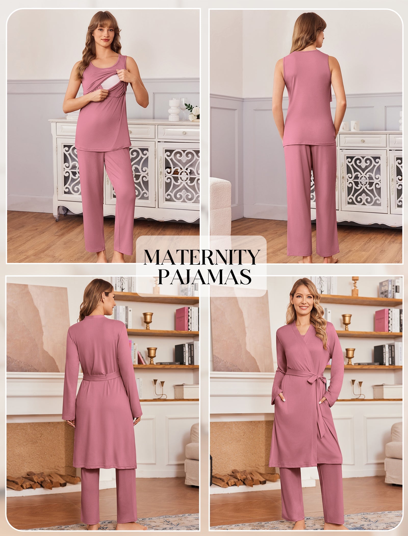 Dusty pink nursing pajama set with sleeveless tank, pants, and long robe
