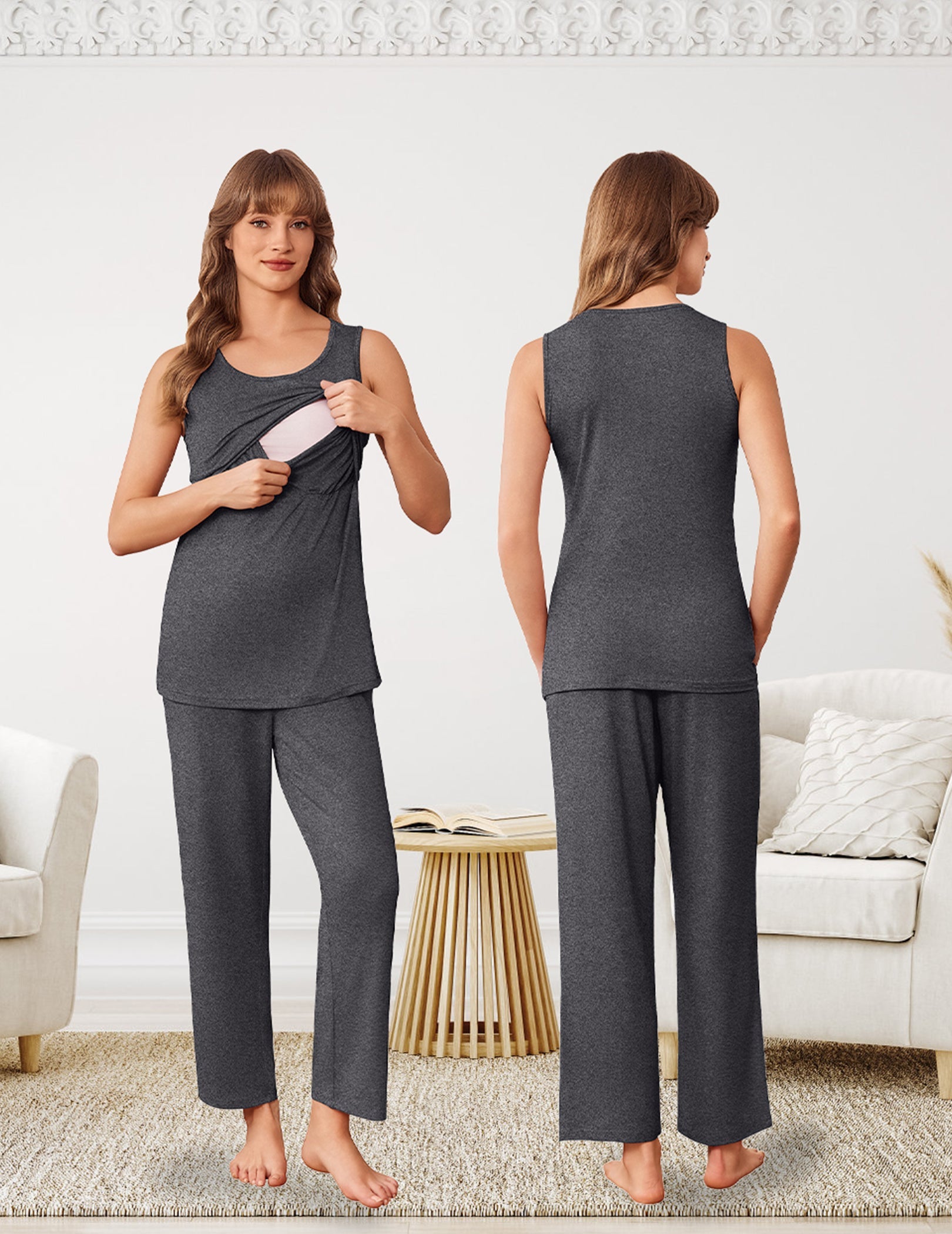 Deep gray nursing pajama set with sleeveless nursing tank and matching straight-leg pants