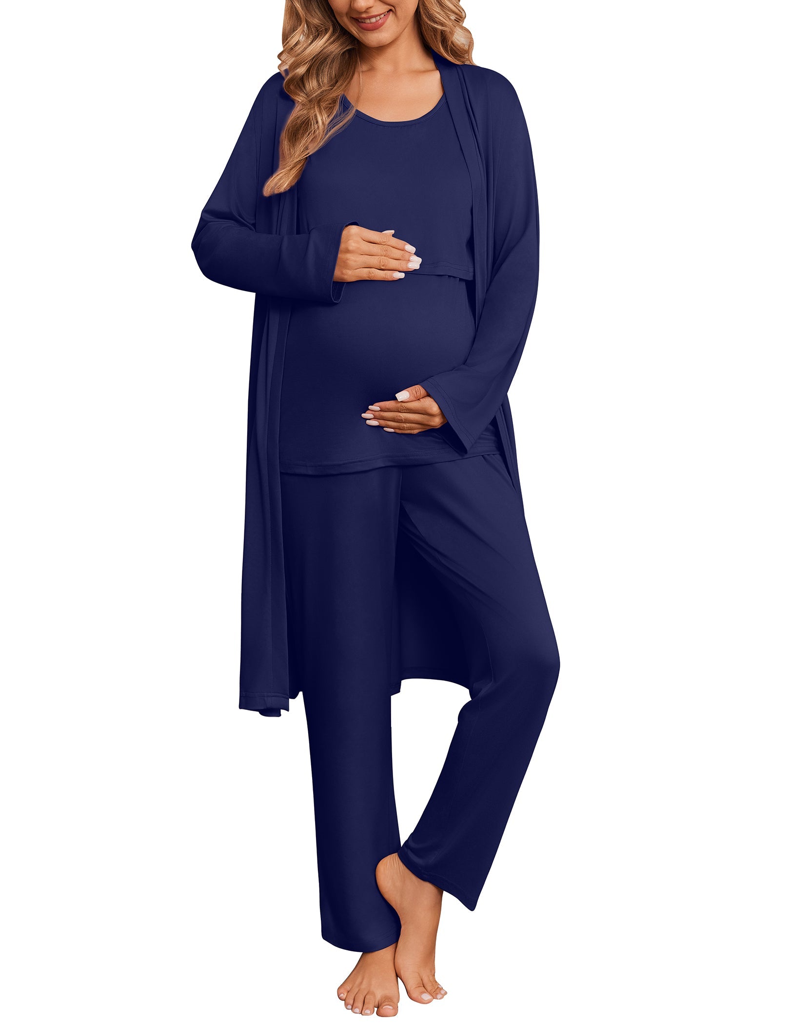Navy blue maternity nursing pajama set with robe, nursing tank top, and pants