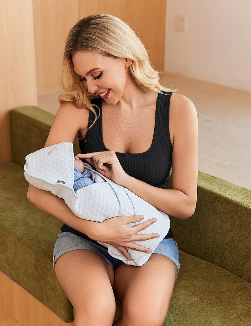 Maternity ribbed ruched tank top, black, scoop neck with nursing-friendly fit