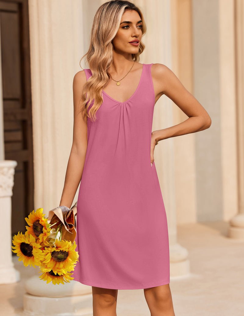 Pink sleeveless sleep dress, V-neck ruched front, knee length