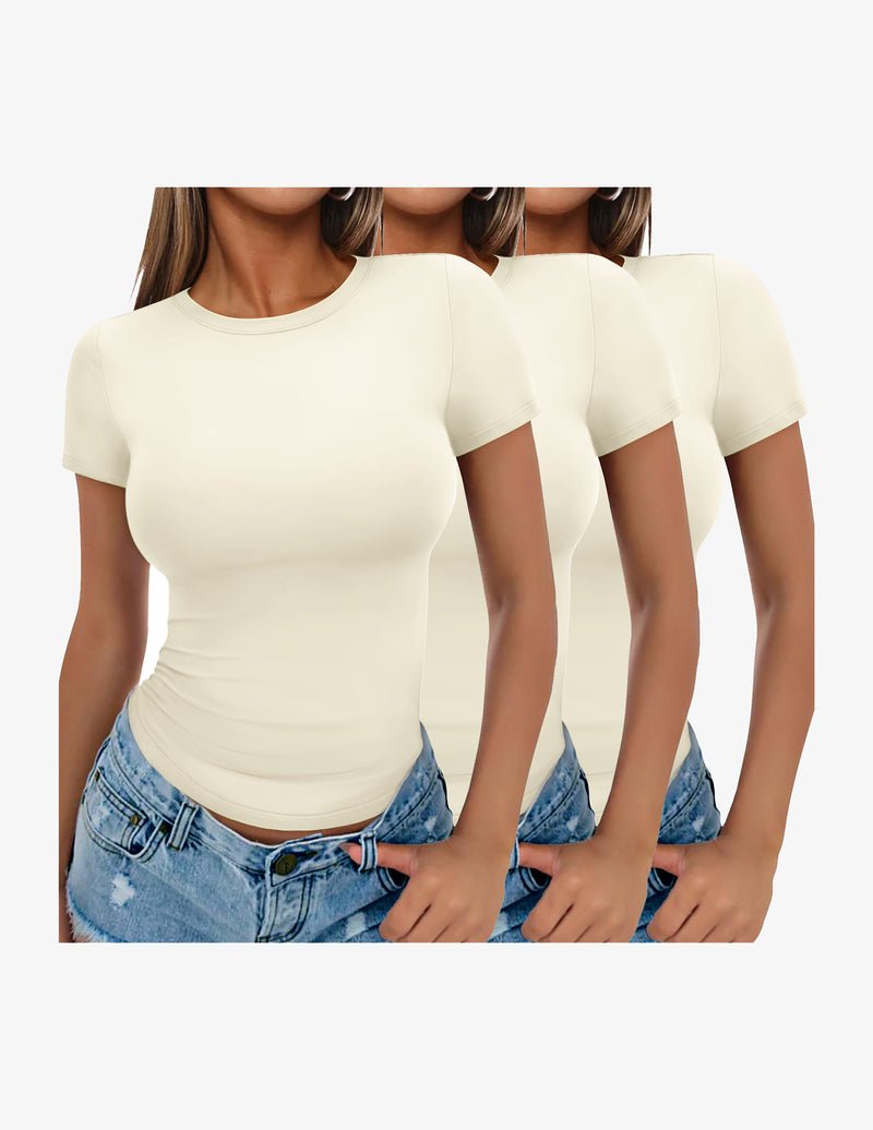 3-pack short-sleeve basic tee shirts in cream, fitted crew neck