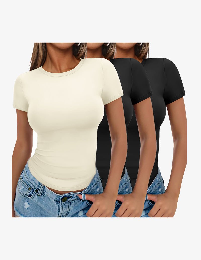 3-pack short-sleeve basic tee shirts: cream and black, fitted crew neck