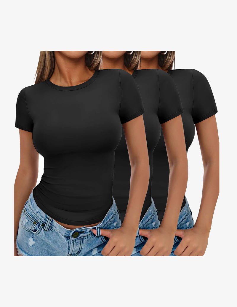 3-pack short-sleeve basic tee shirts in black, fitted crew neck