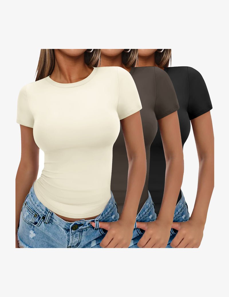 Three-pack short-sleeve crewneck tee shirts in ivory, taupe gray, and black