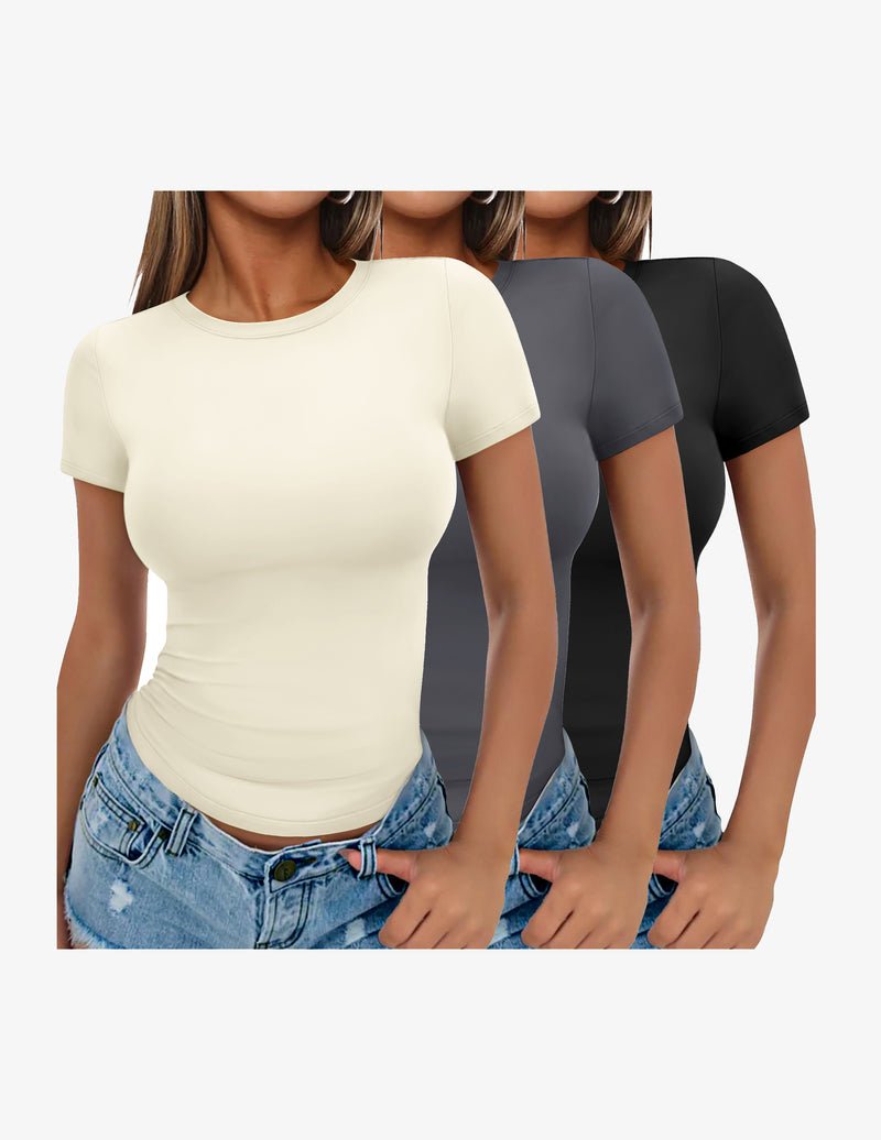 Three-pack short-sleeve crewneck tee shirts in cream, gray, and black