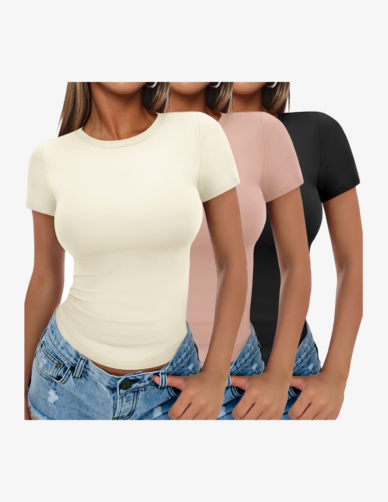 Three-pack short-sleeve crewneck tee shirts in ivory, blush pink, and black