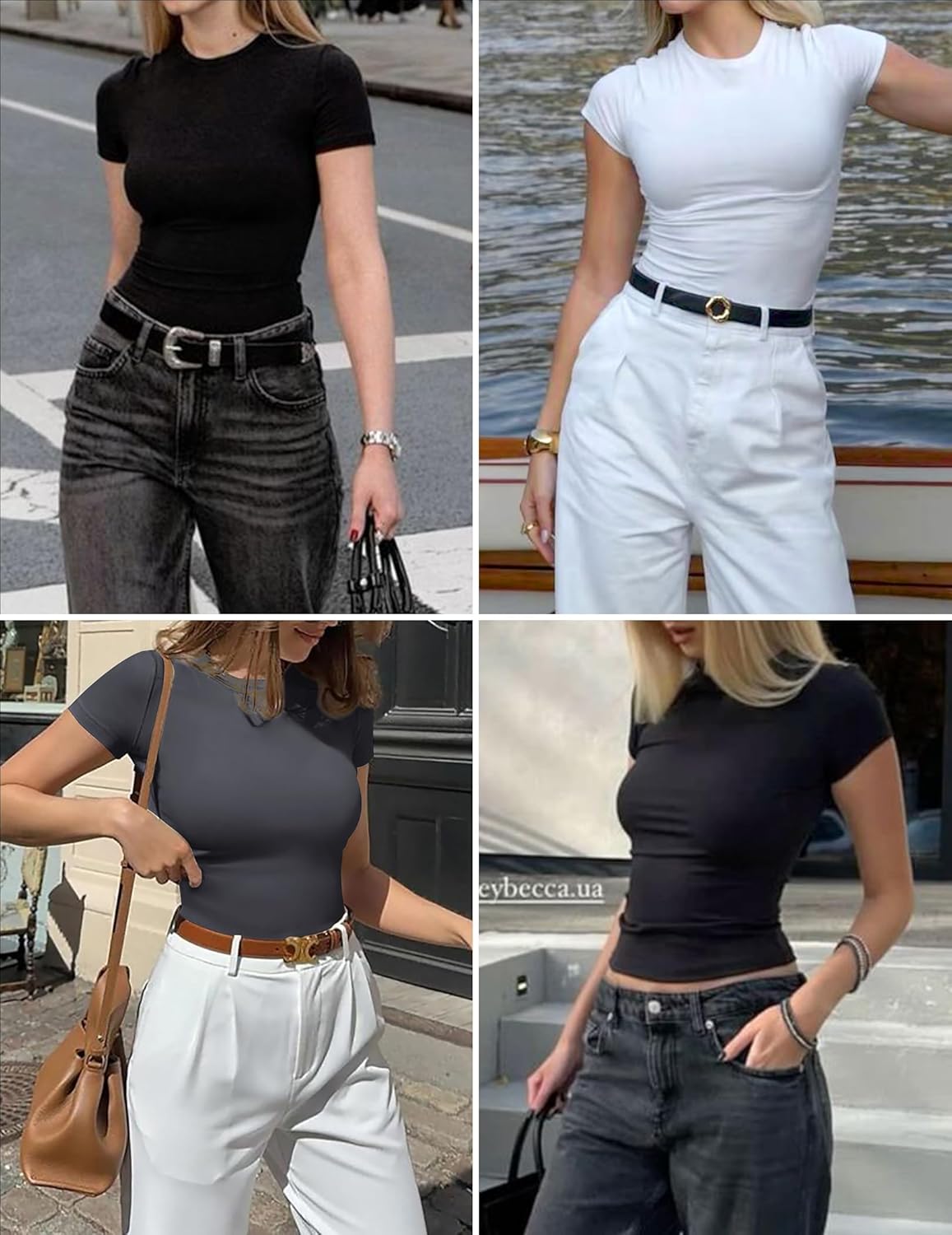Short-sleeve crewneck tees in black, white, and dark gray (multiple views)