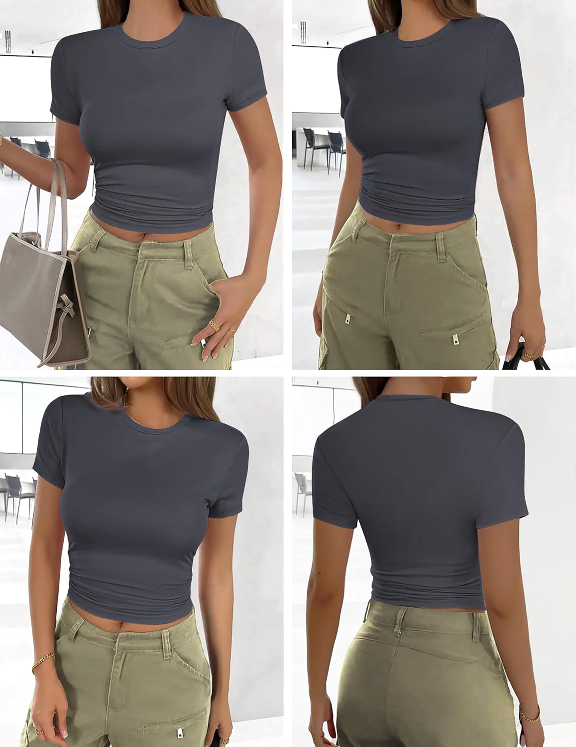 Women's short-sleeve crewneck tee in dark gray, shown from front and back