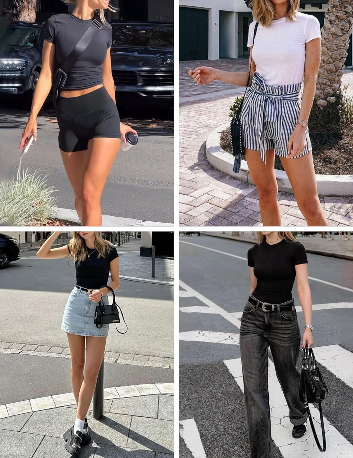 Short-sleeve crewneck tees in black and white, shown in multiple views