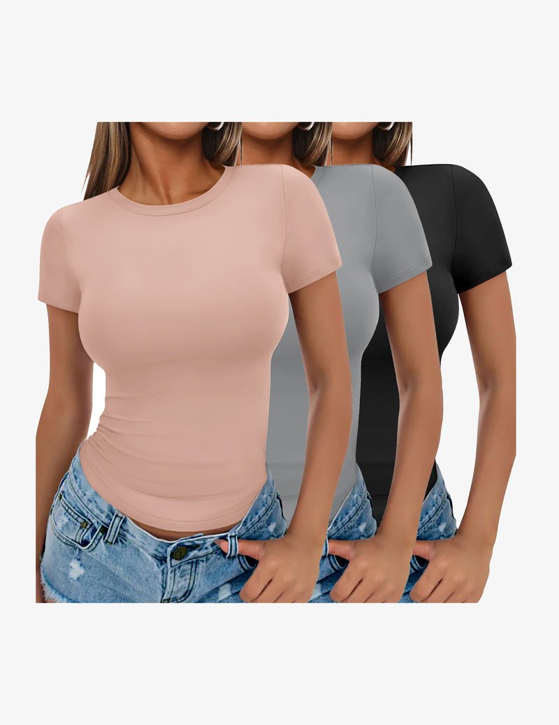 Three-pack short-sleeve crewneck tee shirts in blush pink, gray, and black