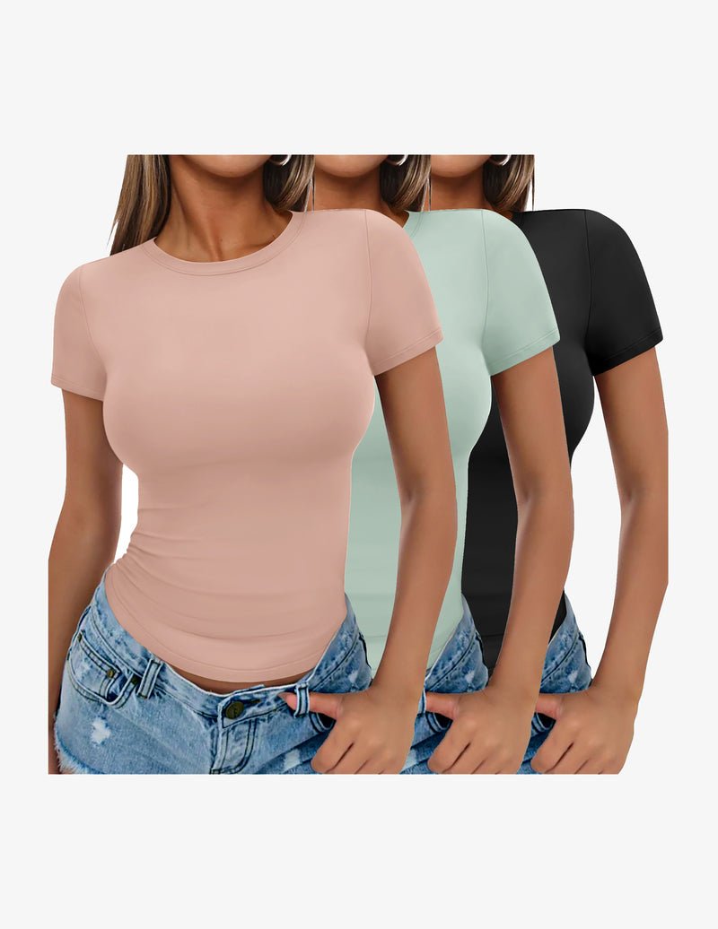 3-pack short-sleeve basic tee shirts: blush pink, mint green, black