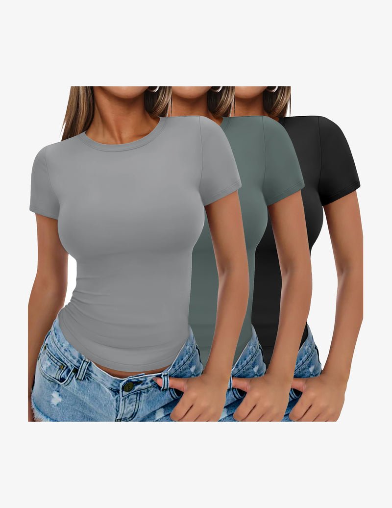 Three-pack short-sleeve crewneck tee shirts in light gray, sage green, and black