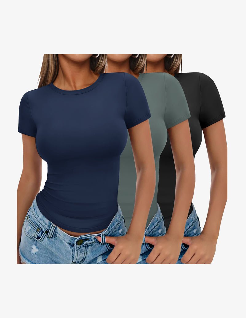 Three-pack short-sleeve crewneck tee shirts in navy blue, green, and black