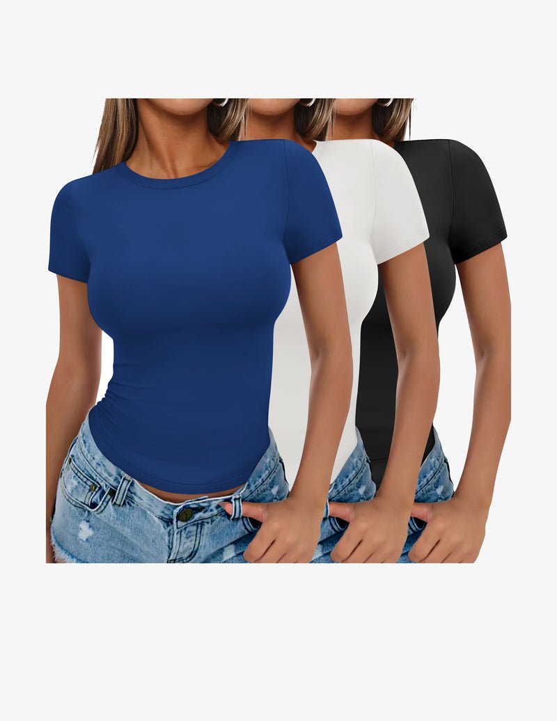 Three-pack short-sleeve crewneck tee shirts in royal blue, white, and black