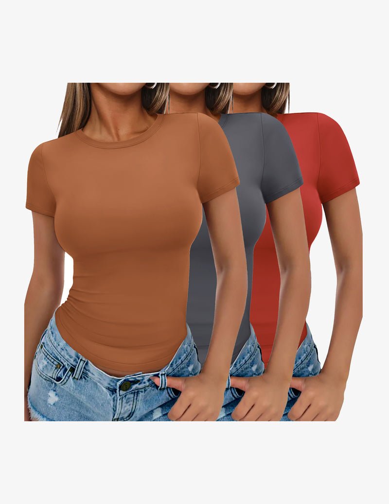 Three-pack short-sleeve crewneck tee shirts in caramel brown, gray, and red