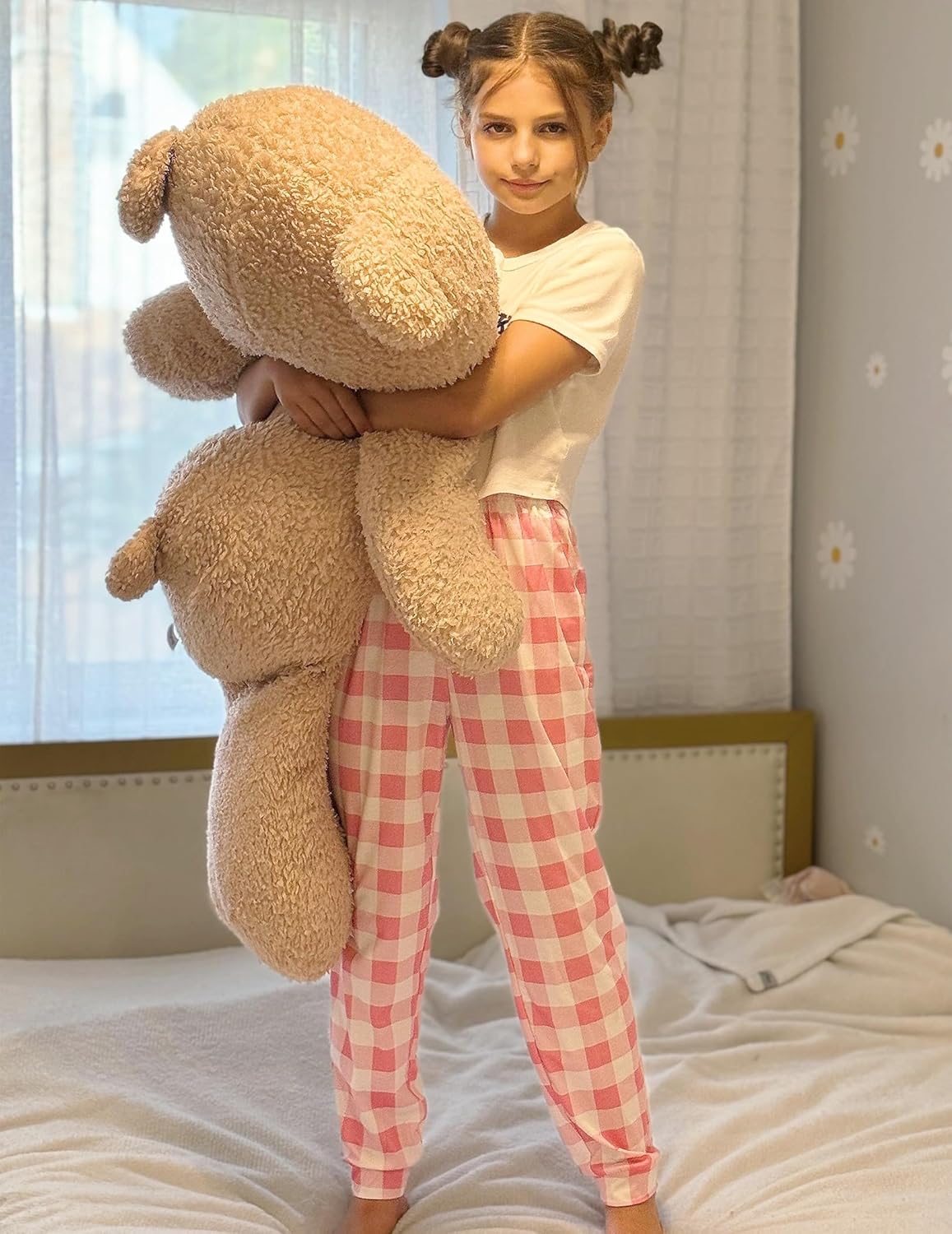 Kinder-Jogger-Pyjama-Hose mit rosa-weißem Karomuster, elastischer Bund und Bündchen