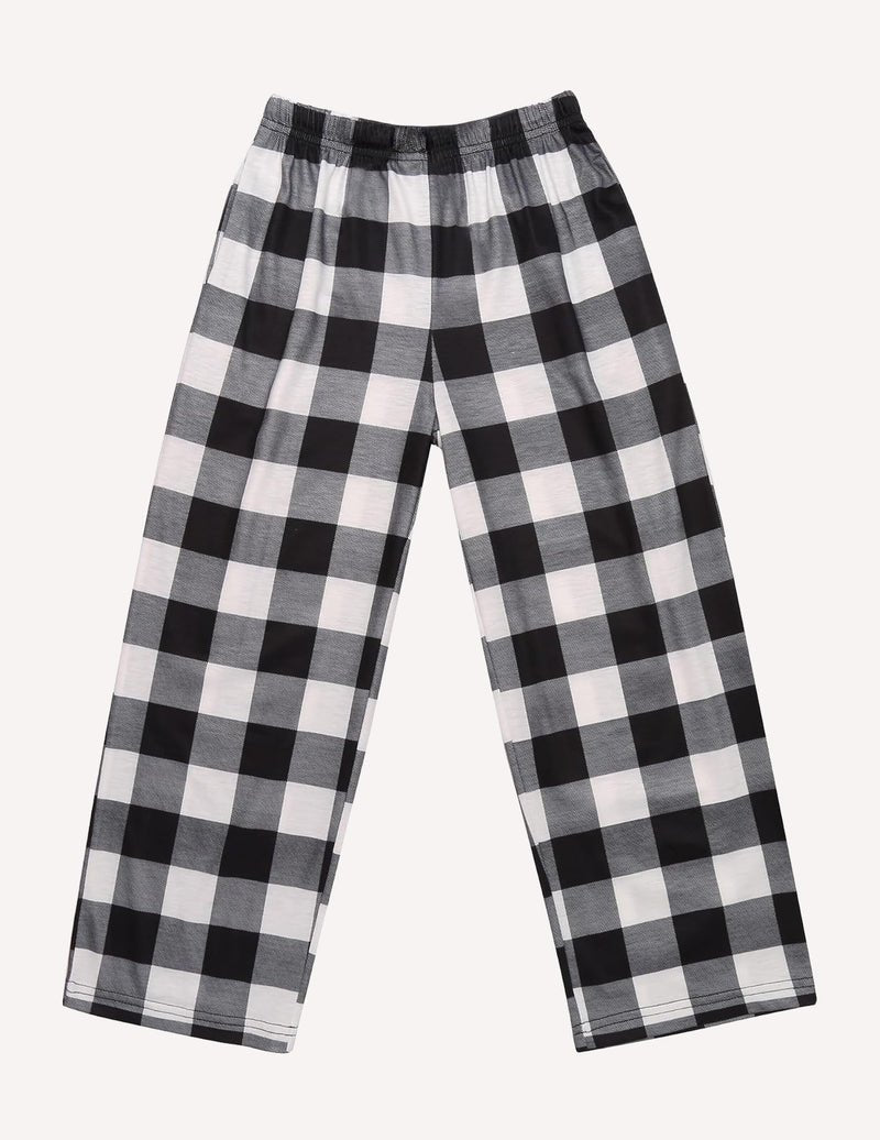 Boys long pajama pants, black-and-white buffalo check, elastic waist