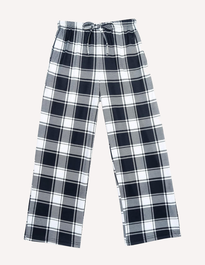 Boys long pajama pants, navy-and-white plaid, elastic waist with drawstring