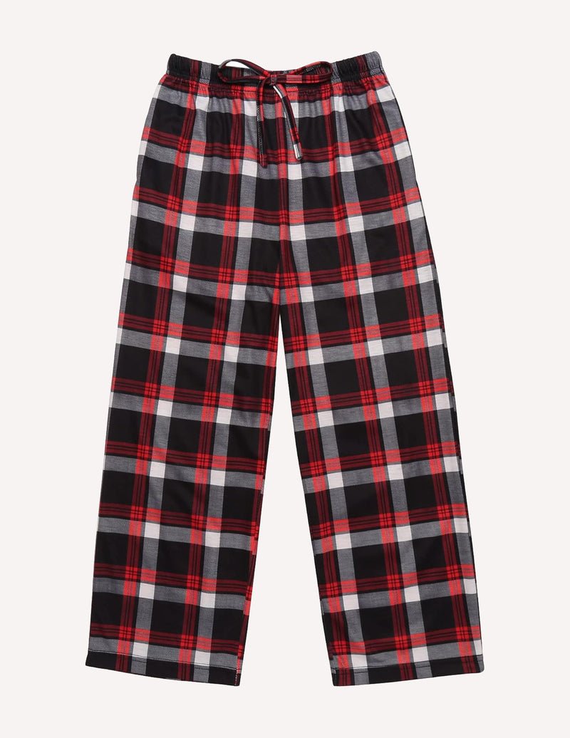 Boys long pajama pants, black red gray plaid, elastic waistband and drawstring