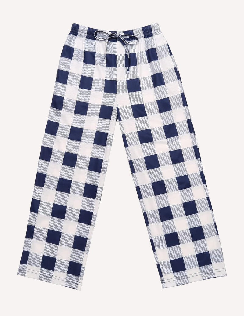 Boys long pajama pants, navy-and-white gingham check, elastic waist with drawstring
