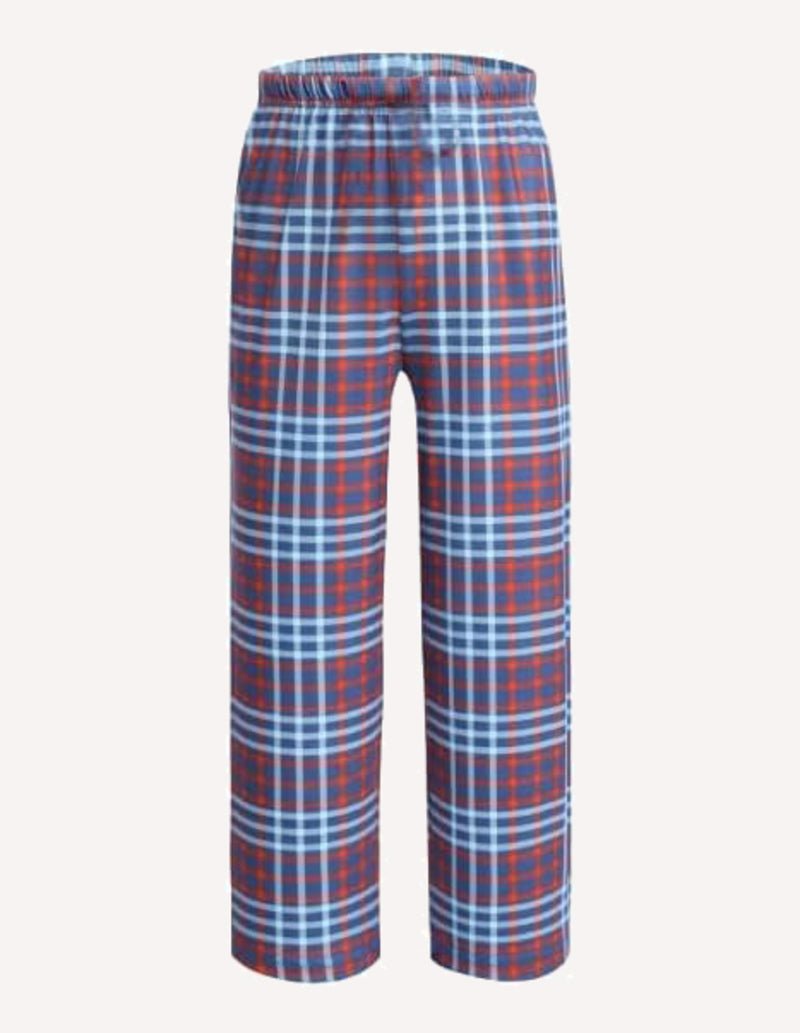 Boys long pajama pants, orange blue red plaid, elastic waistband