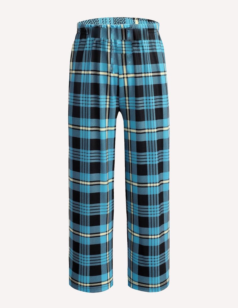 Boys long pajama pants, teal-and-black plaid, elastic waist