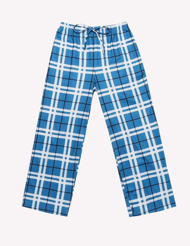 Boys long pajama pants, blue plaid, elastic waist with drawstring