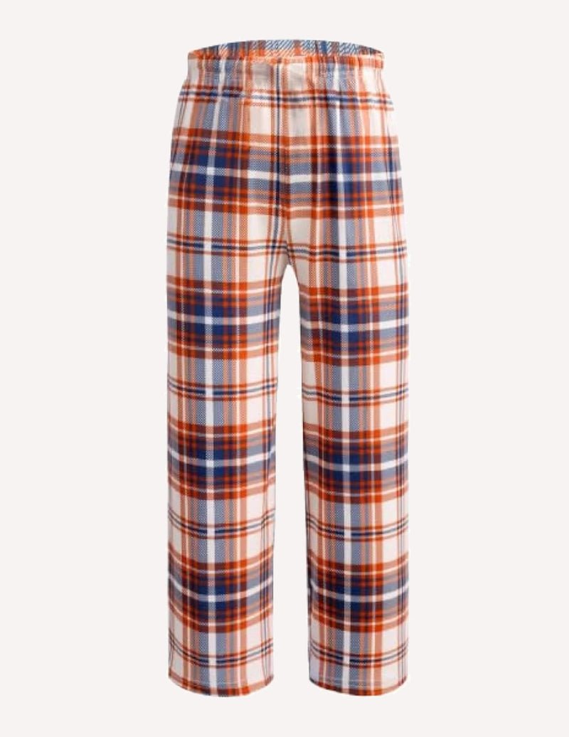 Boys long pajama pants, orange blue white plaid, elastic waistband