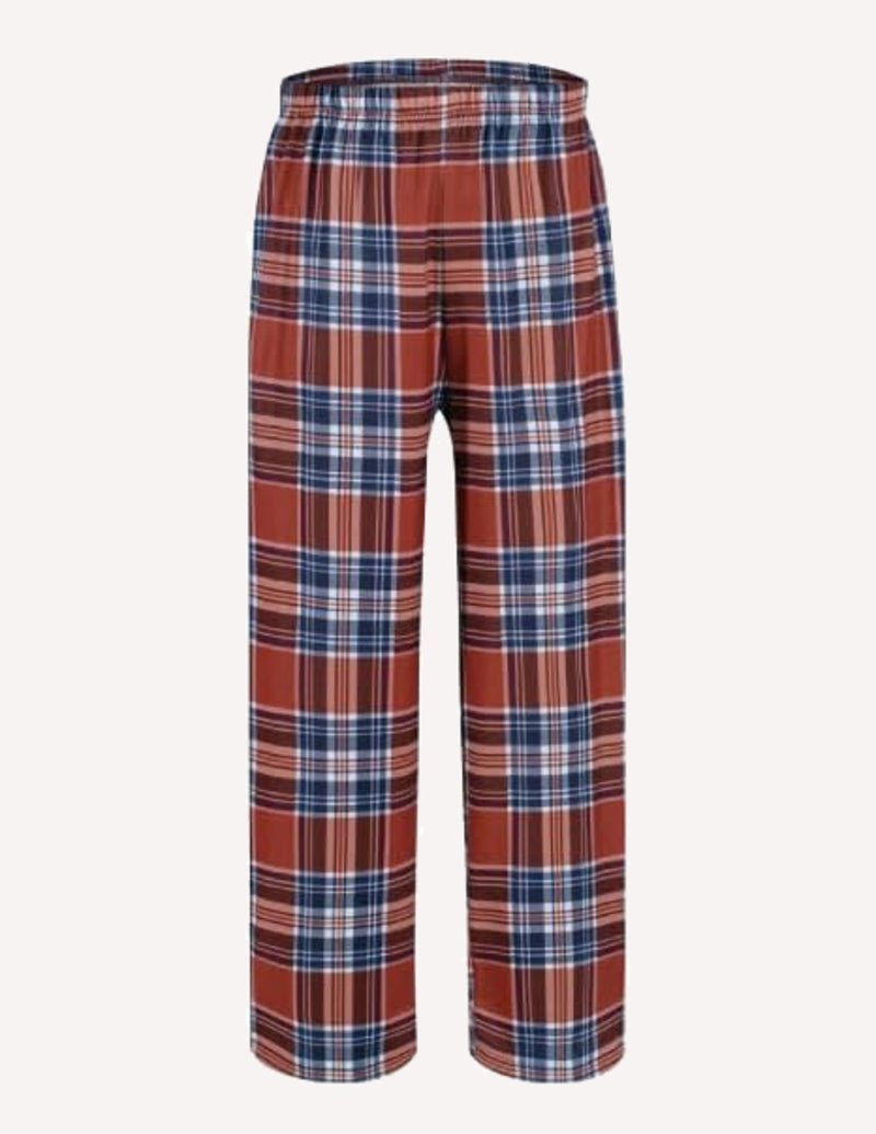 Boys long pajama pants, brown blue and white plaid, elastic waistband